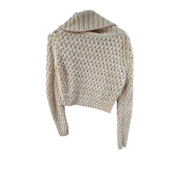 525 America Women's Cardigan Sweater Fisherman Knit Open Front Crop Cream Size M - Picture 4 of 6